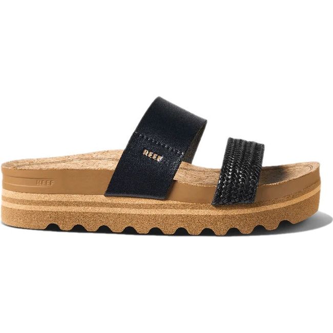 Lateral side of Women's Reef Cushion Vista Hi Platform Slide Sandal in Black Braid vegan leather