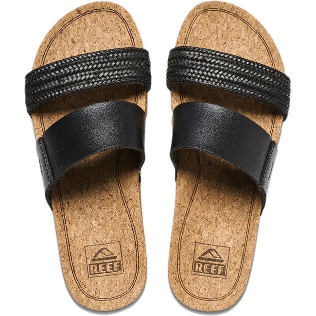 Top down view of Women's Reef Cushion Vista Hi Platform Slides in Black Braid vegan leather