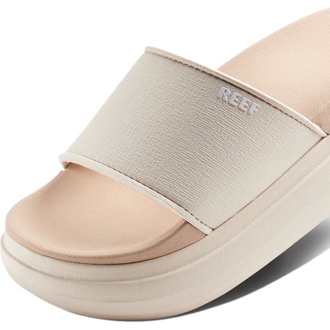 Close up of Women's Reef Cushion Bondi Bay Platform Slide Sandal in Vintage Oasis off white
