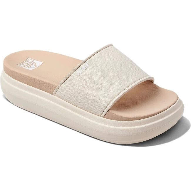 Front angled view of Women's Reef Cushion Bondi Bay Platform Slide in Vintage Oasis off white