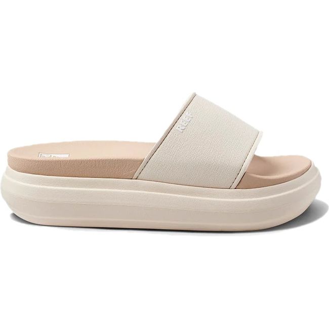 Lateral side of Women's Reef Cushion Bondi Bay Platform Slide Sandal in Vintage Oasis off white