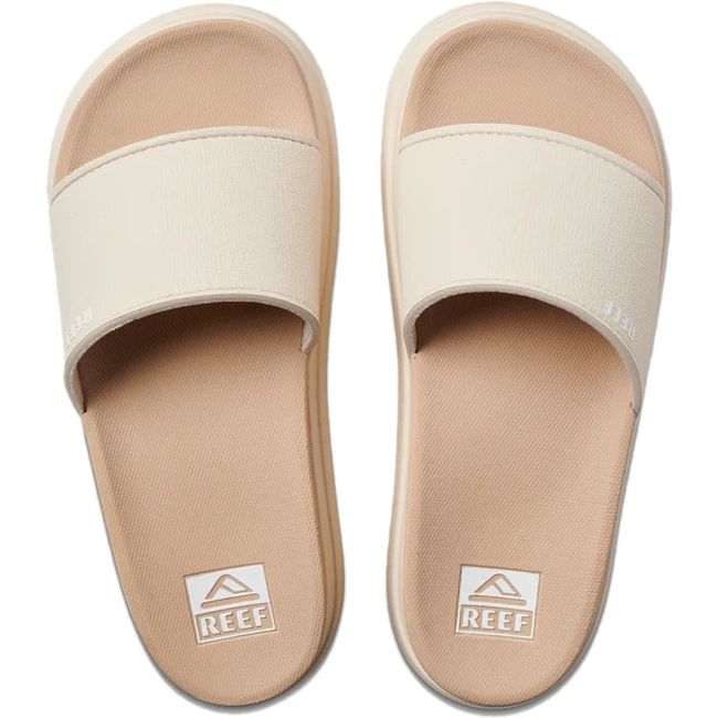 Top down view of Women's Reef Cushion Bondi Bay Platform Slide Sandals in Vintage Oasis off white