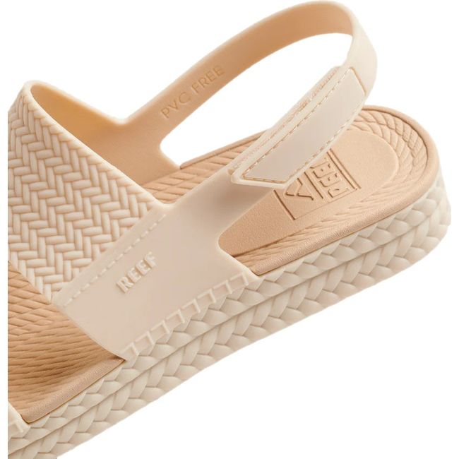 Close up of the heel of Women's Reef Water Vista Sandal in vintage oasis beige with velcro backstrap