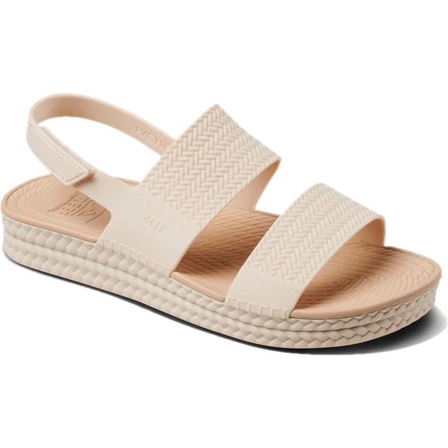 Front angled view of Women's Reef Water Vista Sandal in vintage oasis beige with velcro backstrap