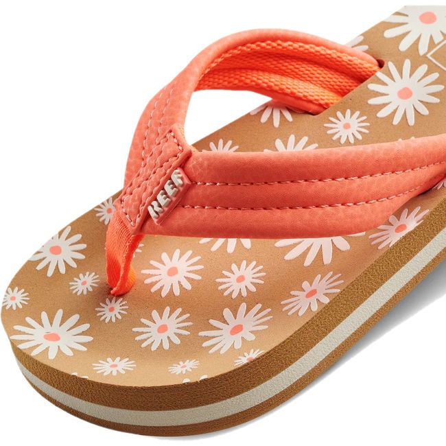Front close up of Kids' Reef Ahi Flip Flop with Daisy floral design and orange strap