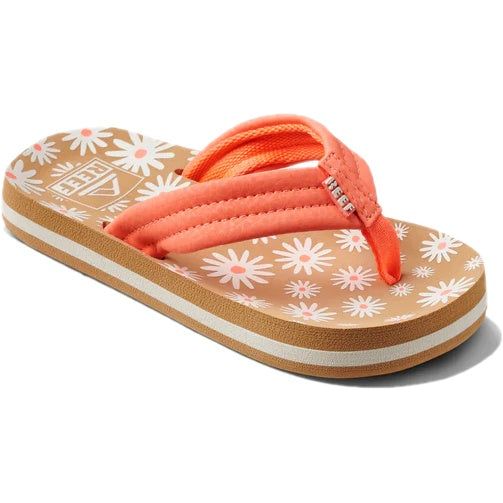 Front angled view of Kids' Reef Ahi Flip Flop with Daisy floral design and orange strap