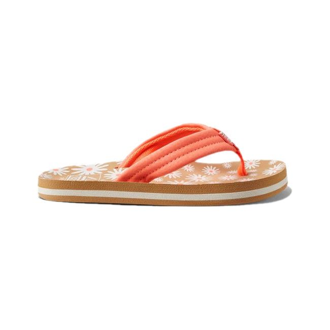 Lateral side of Kids' Reef Ahi Flip Flop with Daisy floral design and orange strap