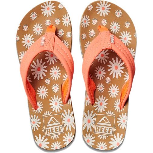 Top down view of Kids' Reef Ahi Flip Flops with Daisy floral design and orange strap