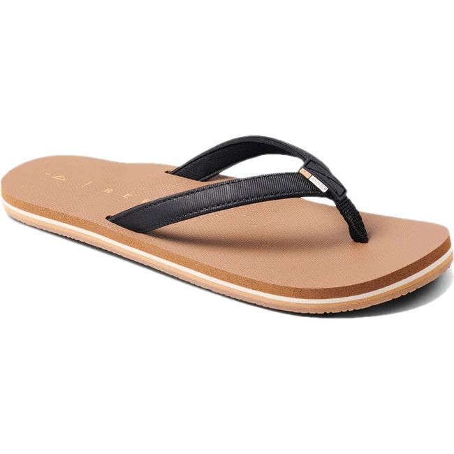Front angled view of Women's Reef Solana Flip Flop Sandal in Black and Tan