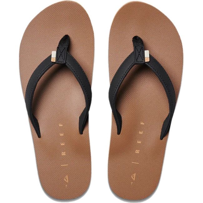 Top down view of Women's Reef Solana Flip Flop Sandals in Black and Tan
