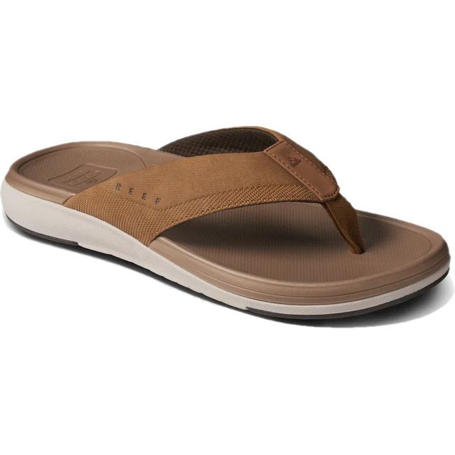 Front angled view of Men's Reef Cushion Norte Flip Flop in tan
