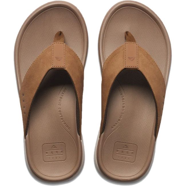Top down view of Men's Reef Cushion Norte Flip Flops in tan