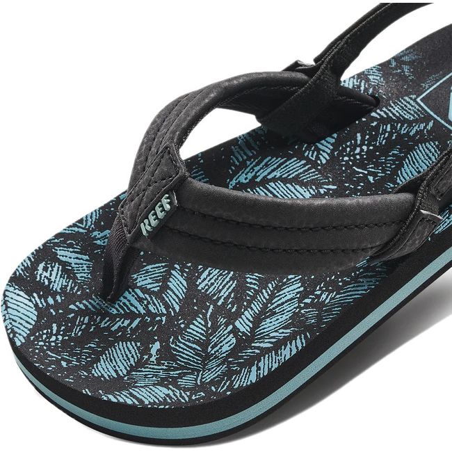 Close up of Kids Reef Little Ahi Sandal in Aquifer Palm black and blue with backstrap