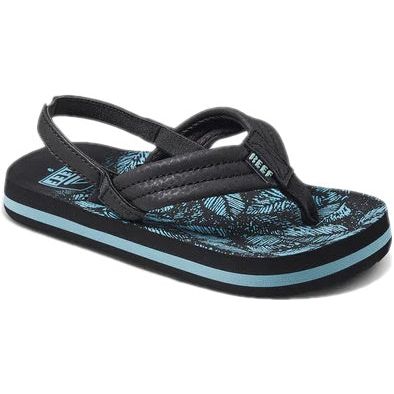 Front angled view of Kids Reef Little Ahi Sandal in Aquifer Palm black and blue with backstrap