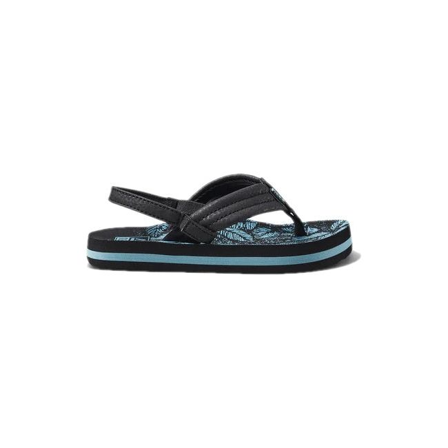 Lateral side of Kids Reef Little Ahi Sandal in Aquifer Palm black and blue with backstrap