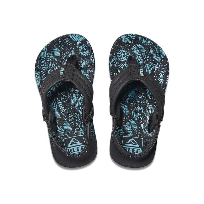 Top down view of Kids Reef Little Ahi Sandals in Aquifer Palm black and blue with backstrap