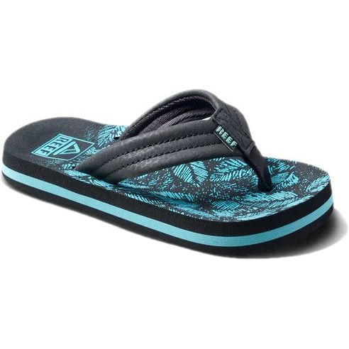 Front angled view of Kids' Reef Ahi Flip Flop in Aquifer Palm black and blue