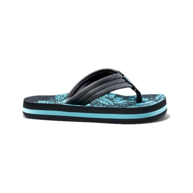 Lateral side of Kids' Reef Ahi Flip Flop in Aquifer Palm black and blue