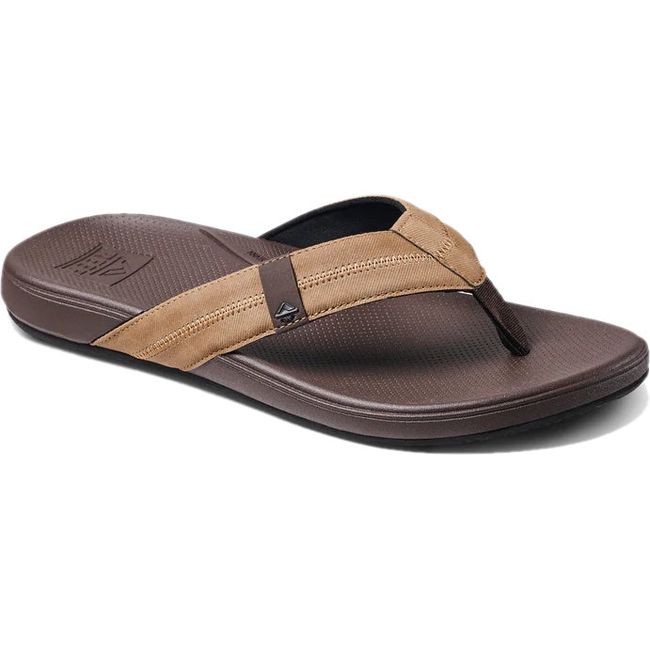 Front angled view of Men's Reef Cushion Phantom 2.0 Flip Flop in Brown and Tan