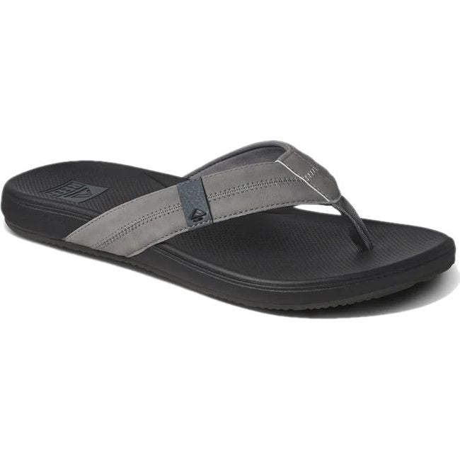 Front angled view of Men's Reef Cushion Phantom 2.0 Flip Flop in shadded grey