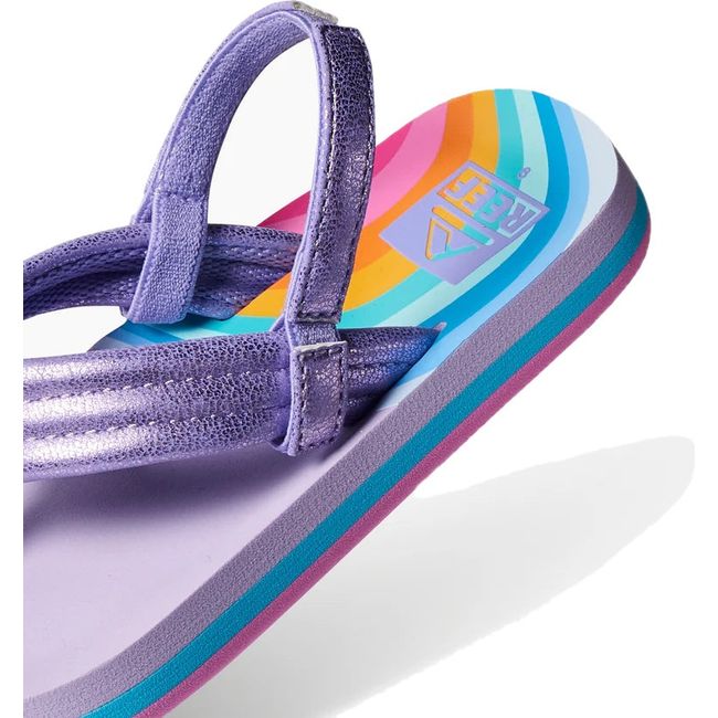 Heel close up of Kids Reef Little Ahi Sandal in Candyland purple with rainbow pattern and backstrap