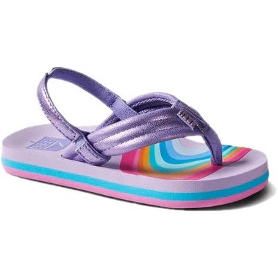 Front angled view of Kids' Reef Little Ahi Sandal in Candyland purple with rainbow patterns