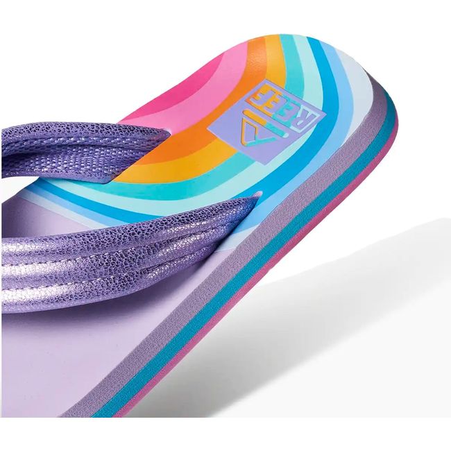 Close up of the heel of Kids' Reef Ahi Flip Flop in Candyland purple with rainbow patterns