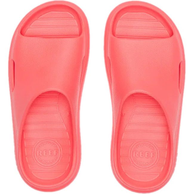 Top down view of Kids Reef Rio Slides in Sunset Coral pink EVA foam