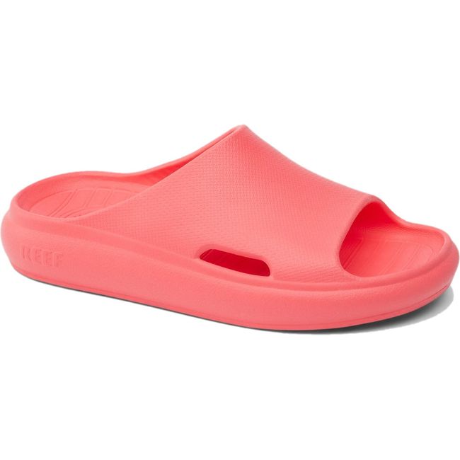 Front angled view of Kids Reef Rio Slide in Sunset Coral pink EVA foam