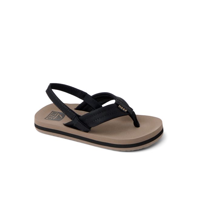 Front angled view of Kids' Reef Little Ahi Sandal in Black Tan