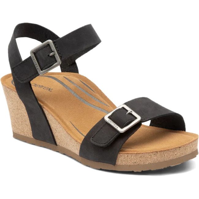 Front angled view of Women's Aetrex Lexa Arch Support Wedge Sandal in black