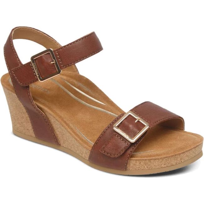 Front angled view of Women's Aetrex Lexa Arch Support Wedge Sandal in walnut brown