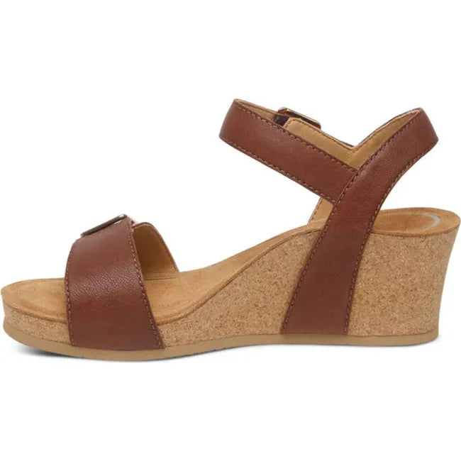 Medial side of Women's Aetrex Lexa Arch Support Wedge Sandal in walnut brown with adjustable straps
