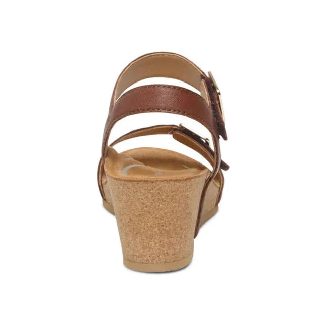 Heel of Women's Aetrex Lexa Arch Support Wedge Sandal in walnut brown with back strap