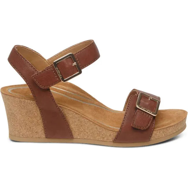 Lateral side of Women's Aetrex Lexa Arch Support Wedge Sandal in walnut brown with adjustable straps