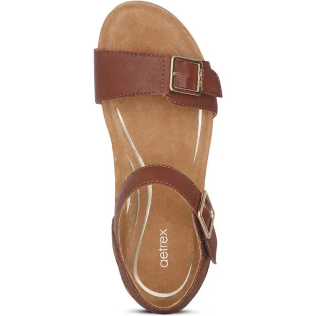 Top down view of Women's Aetrex Lexa Arch Support Wedge Sandal in walnut brown