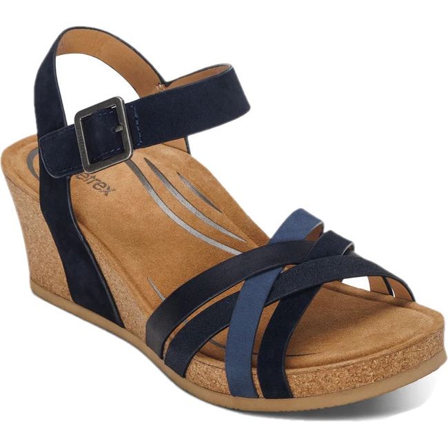 Front angled view of Women's Aetrex Noelle Arch Support Wedge Sandal in Ivory 