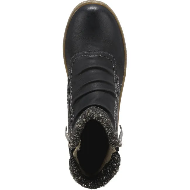 Top down view of Womens Spring Step Cleora Boot in black leather with faux shearling lining