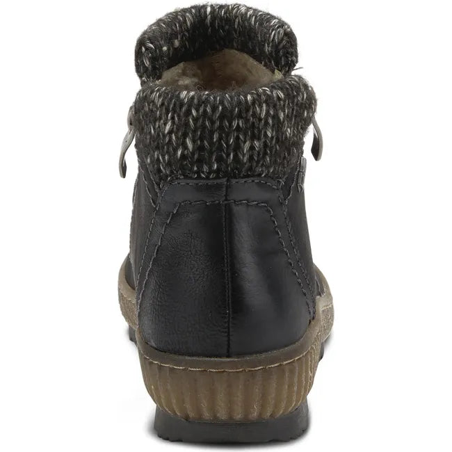 Heel of Womens Spring Step Cleora Boot in black leather with faux shearling lining