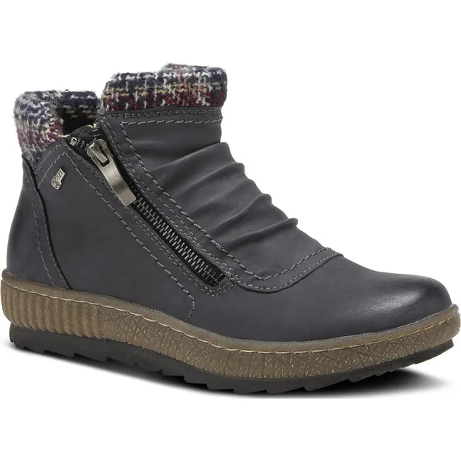 Front angled view of Women's Spring Step Cleora Boot in navy blue leather with a side zipper