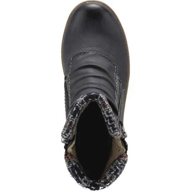 Top down view of Womens Spring Step Cleora Boot in navy blue leather with faux shearling lining