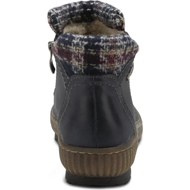 Heel of Womens Spring Step Cleora Boot in navy blue leather with faux shearling lining