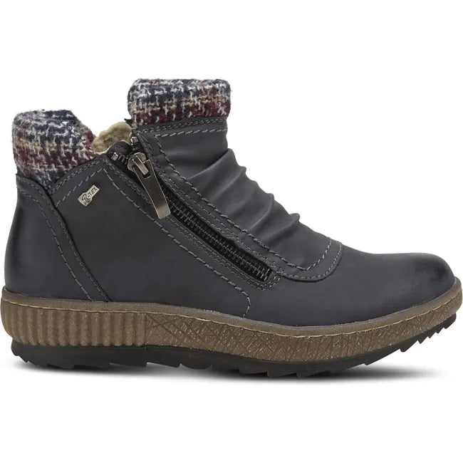 Lateral of Womens Spring Step Cleora Boot in navy blue leather with a side zipper and faux shearling