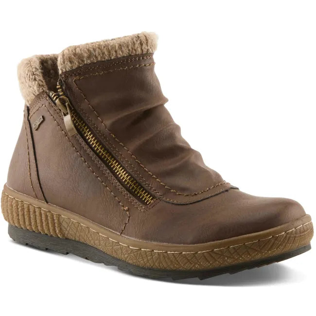 Front angled view of Spring Step Women's Relife Cleora Boot in chocolate brown with zipper