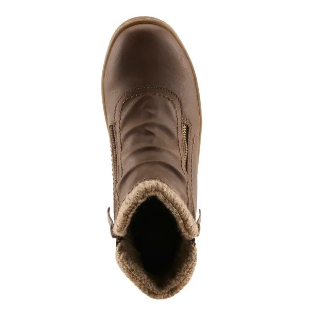 Upper of Spring Step Women's Relife Cleora Boot in chocolate brown with side zippers