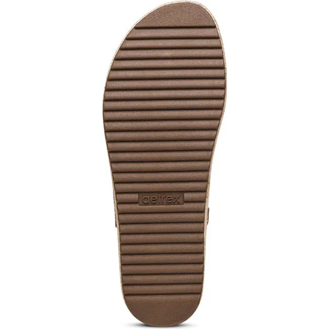Brown sole of Women's Aetrex Vania Arch Support Platform Sandal in cognac brown upper