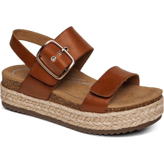 Front angled view of Women's Aetrex Vania Arch Support Platform Sandal in cognac brown
