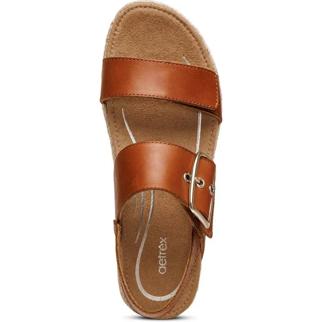 Top down view of Women's Aetrex Vania Arch Support Platform Sandal in cognac brown with velcro