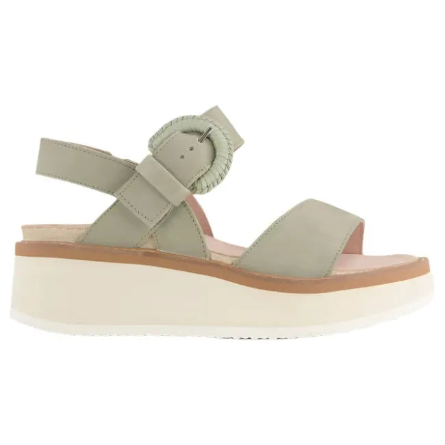 Lateral side view of the Sage Nubuck Naot Women's Crepe Platform Sandal featuring a 2.2-inch white EVA platform sole, buckle closure, and anatomic cork and latex footbed wrapped in suede