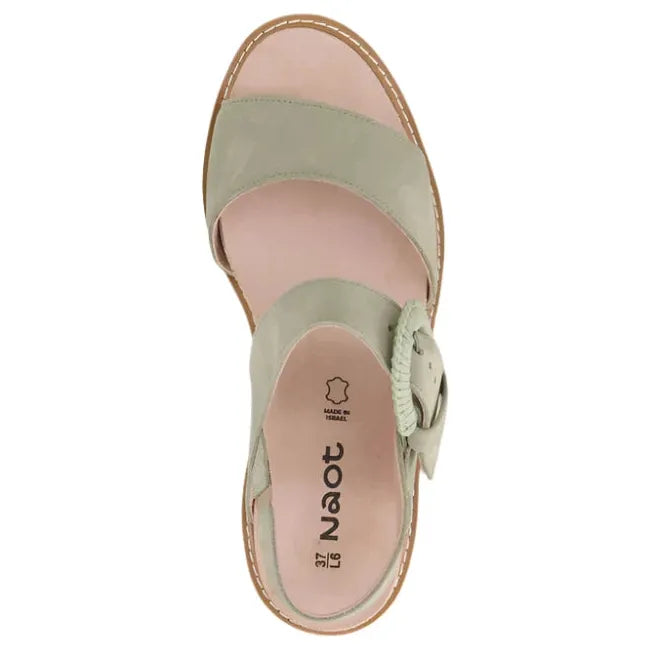 Top view of a Sage Nubuck Naot Women's Crepe Platform Sandal highlighting the soft suede-wrapped anatomic cork and latex footbed, and stylish buckle closure.